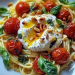 Pâtes au soleil : burrata, tomates confites et pignons